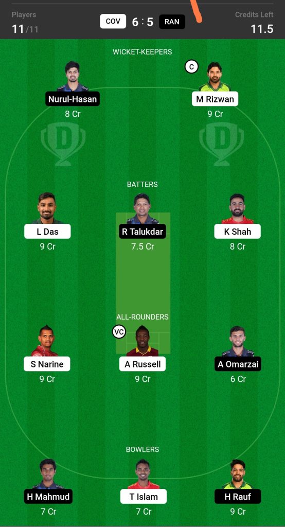 COV vs RAN Dream11 Prediction Today's Match, Probable Playing XI, Pitch Report, Top Fantasy Picks, Captain and Vice Captain Choices, Weather Report, Predicted Winner for Today's match, BPL T20League