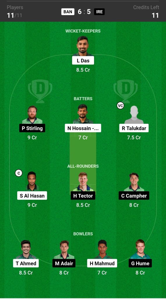 BAN vs IRE Dream11 Prediction Today's Match Team 1

