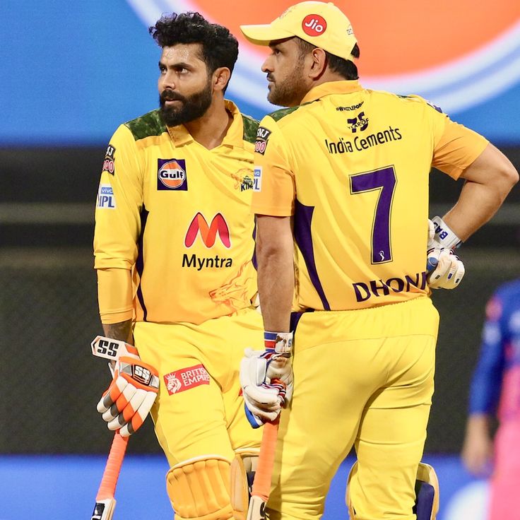 Ravindra Jadeja and MS Dhoni captain of Chennai Super Kings during match 12 of the Vivo Indian Premier League 2021 