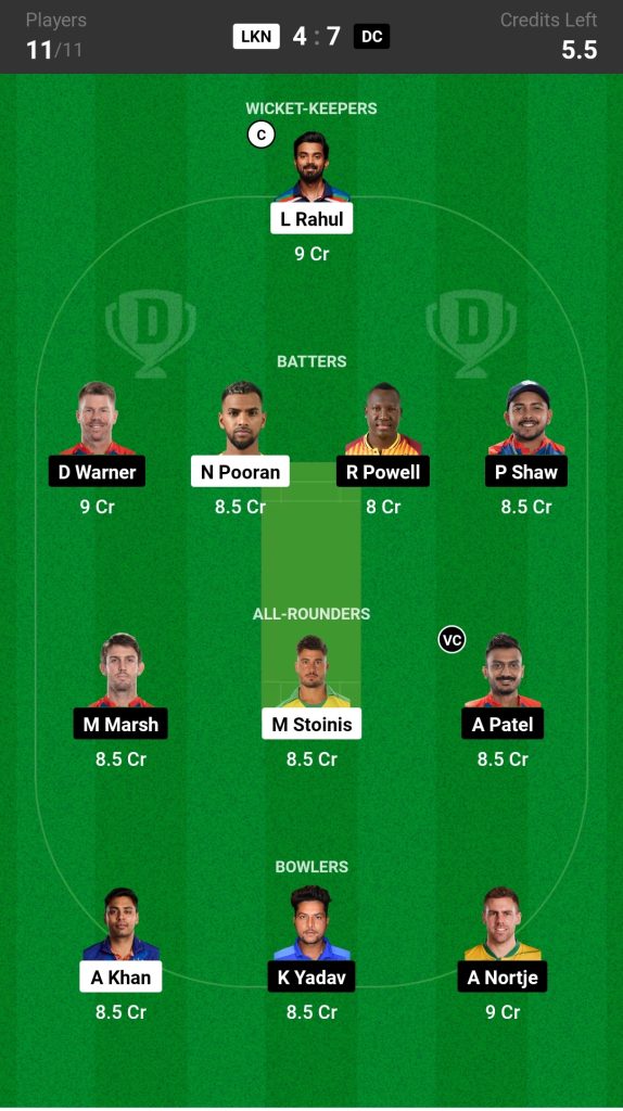 LSG vs DC Match 3, IPL 2023 Dream11 Prediction Today's Match Team 1

