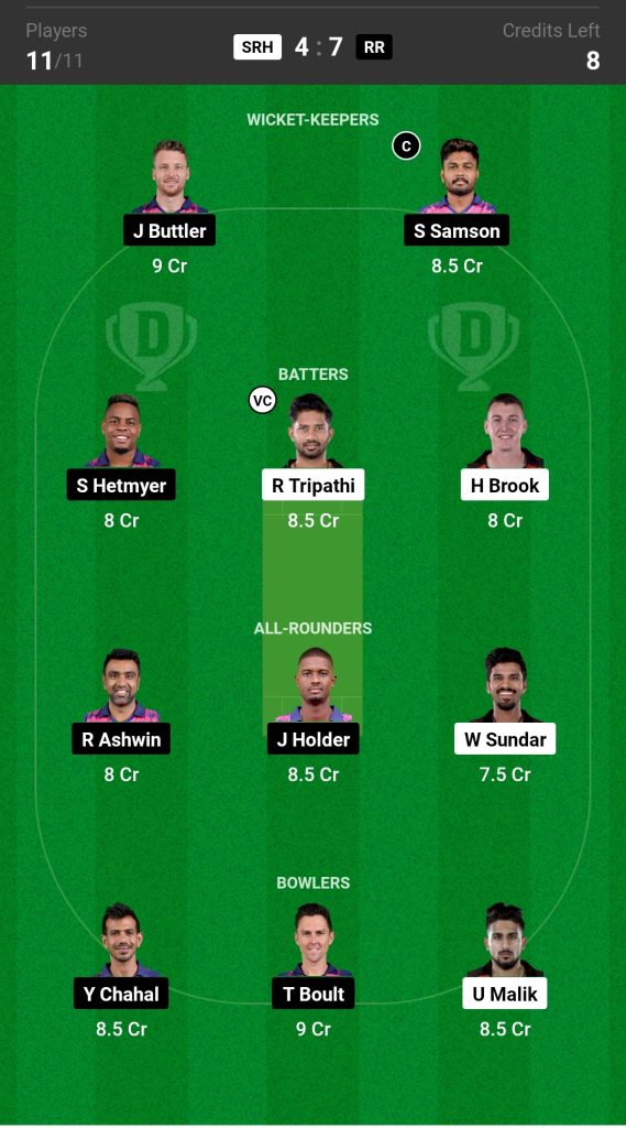 SRH vs RR Match 4, IPL 2023 Dream11 Prediction Today's Match Team 1

