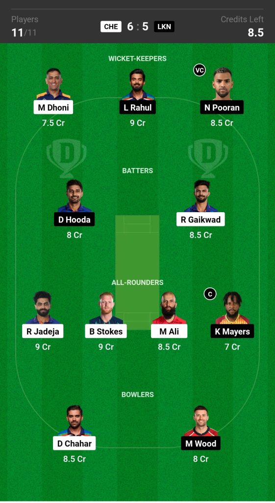 CHE vs LKN, Match 6, IPL 2023 Dream11 Prediction Today's Match Team 1

