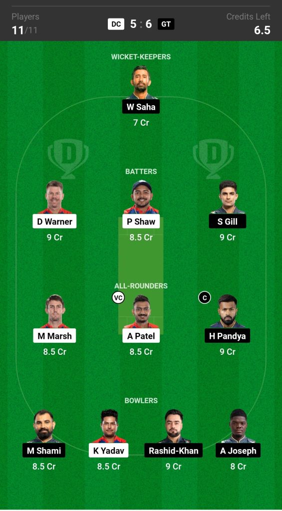 DC vs GT, Match 7, IPL 2023 Dream11 Prediction Today's Match Team 1

