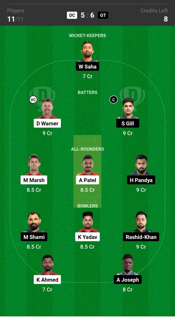 DC vs GT, Match 7, IPL 2023 Dream11 Prediction , Team 1

