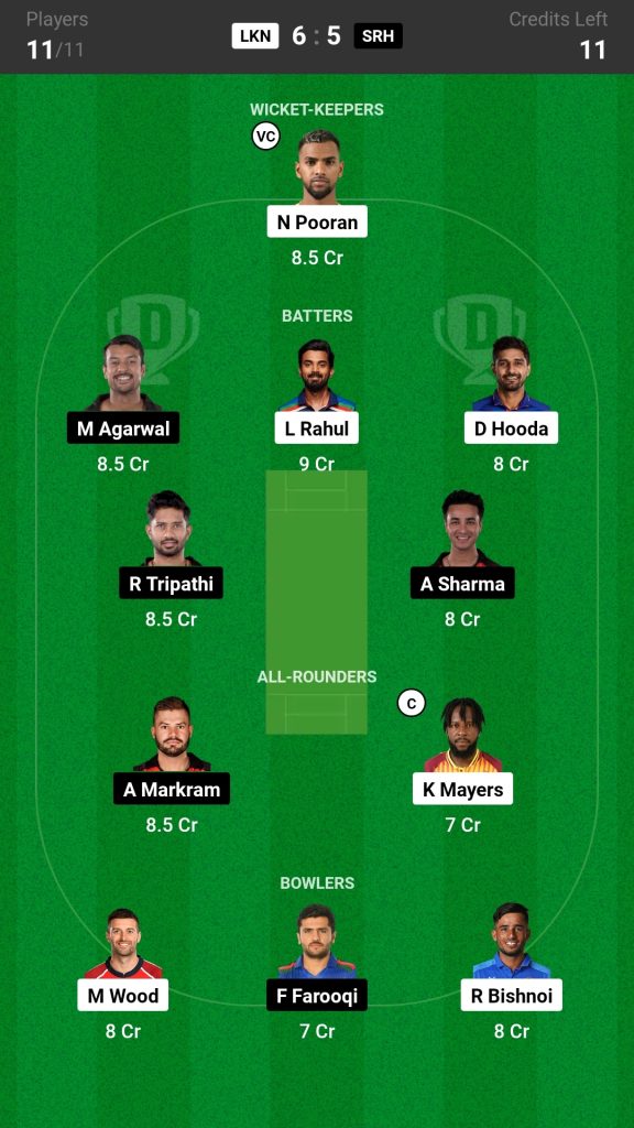 LSG vs SRH Dream11 Prediction Today Match 

