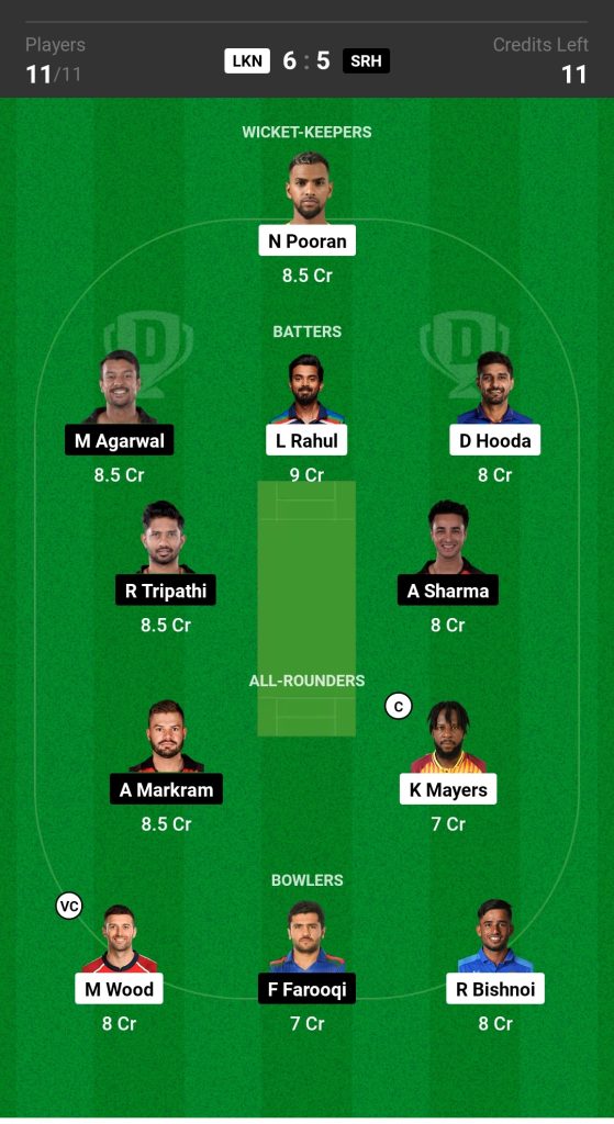 LSG vs SRH Dream11 Team Today Match 

