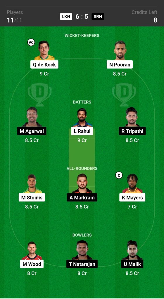 LSG vs SRH Dream11 Prediction Today Match 

