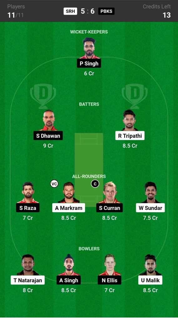 SRH vs PBKS Dream11 Prediction Today Match 

