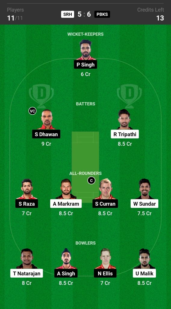 SRH vs PBKS Dream11 Team Today Match 

