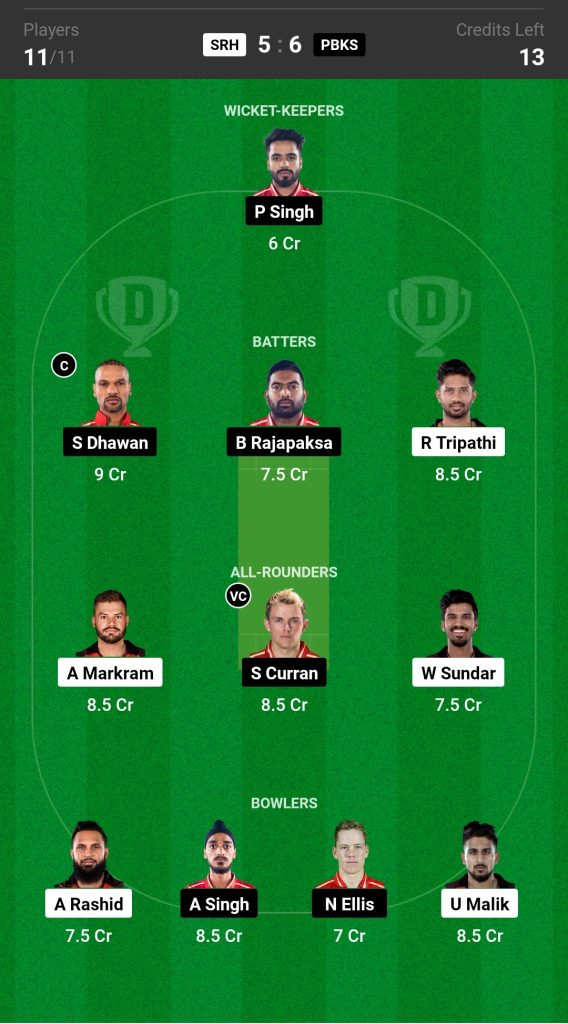 SRH vs PBKS Dream11 Prediction Today Match 

