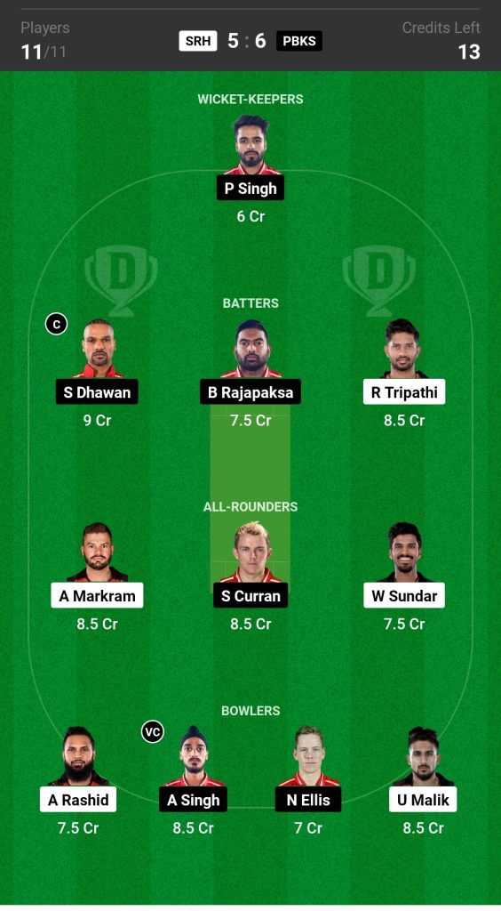 SRH vs PBKS Dream11 Team Today Match 

