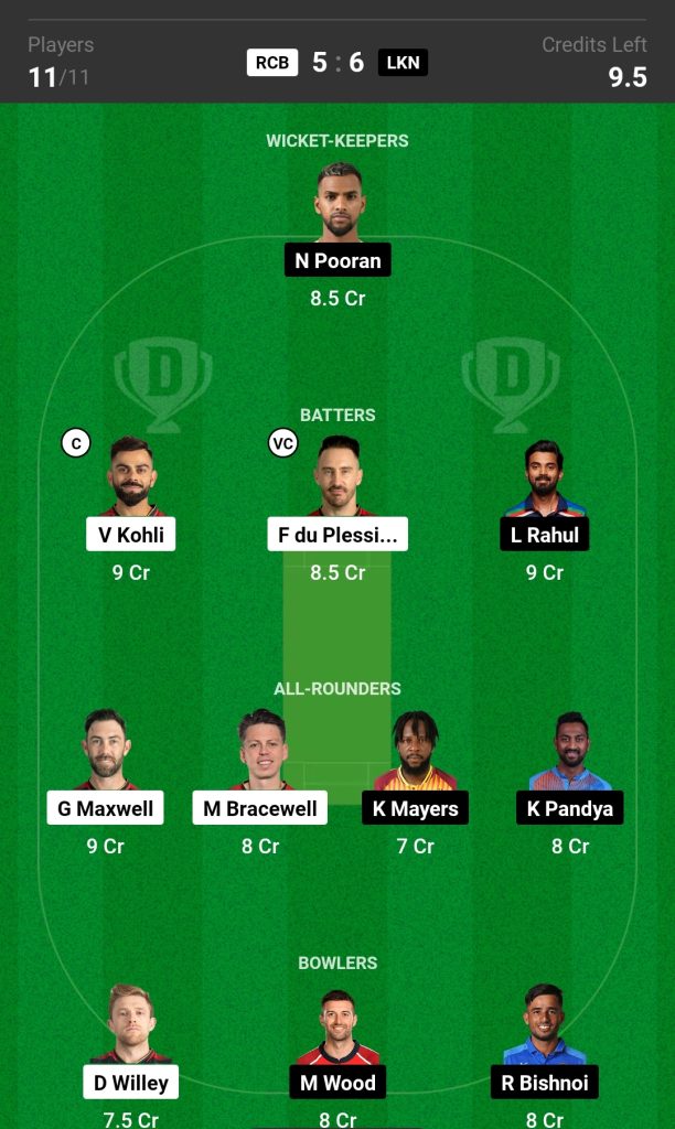 RCB vs LSG Dream11 Prediction Today Match 

