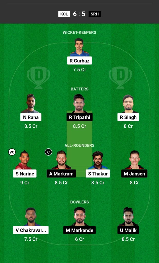 KKR vs SRH Dream11 Prediction Today Match 

