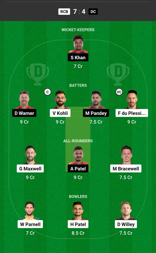 RCB vs DC Dream11 Team Today Match 

