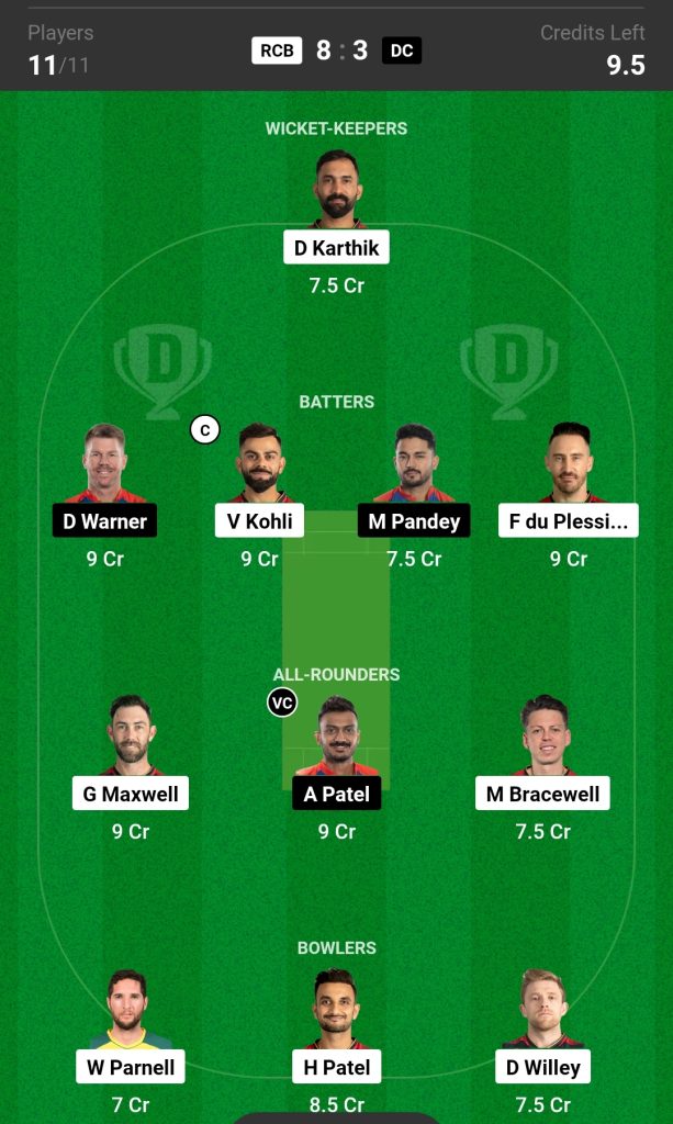 RCB vs DC Dream11 Team Today Match 

