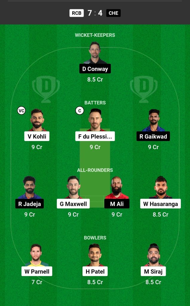 RCB vs CSK Dream11 Team Today Match 

