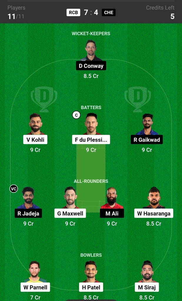 RCB vs CSK Dream11 Team Today Match 

