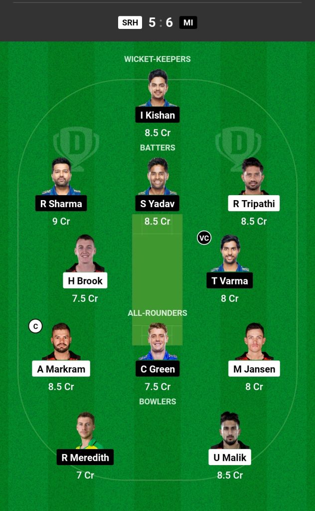 SRH vs MI Dream11 Team Today Match 

