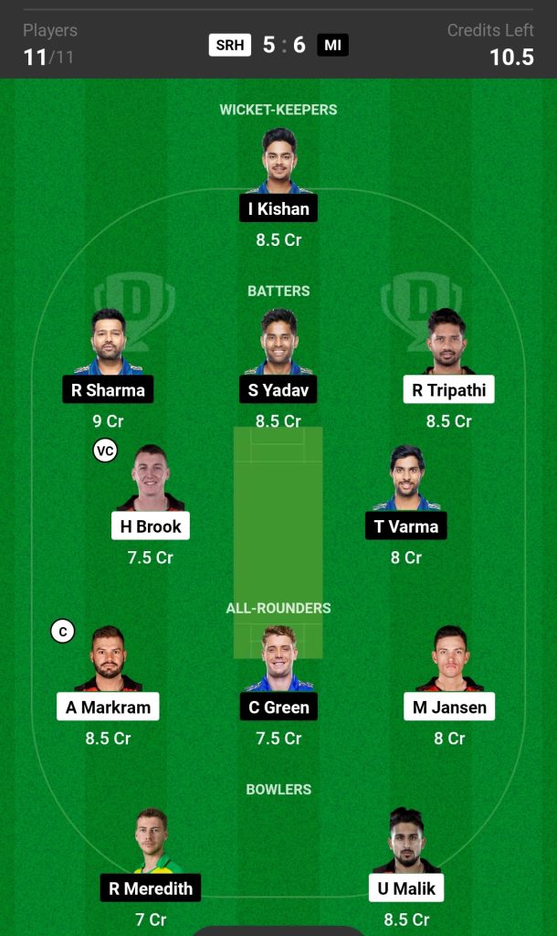 SRH vs MI Dream11 Team Today Match 

