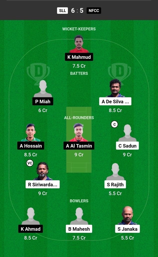 SLL vs NFCC Dream11 Prediction Today's Match Team 2

