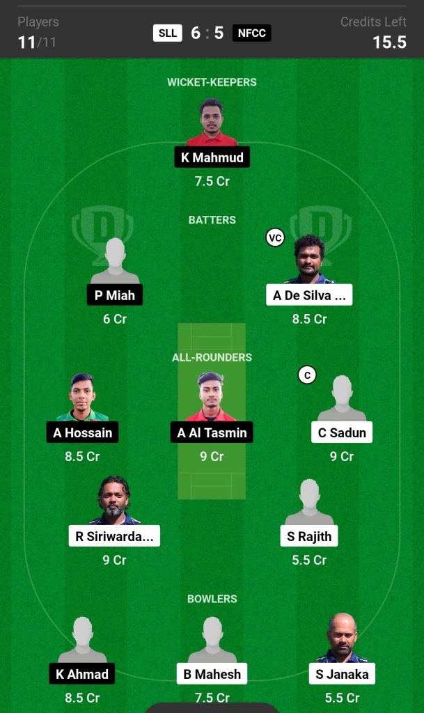 SLL vs NFCC Dream11 Prediction Today's Match Team 2

