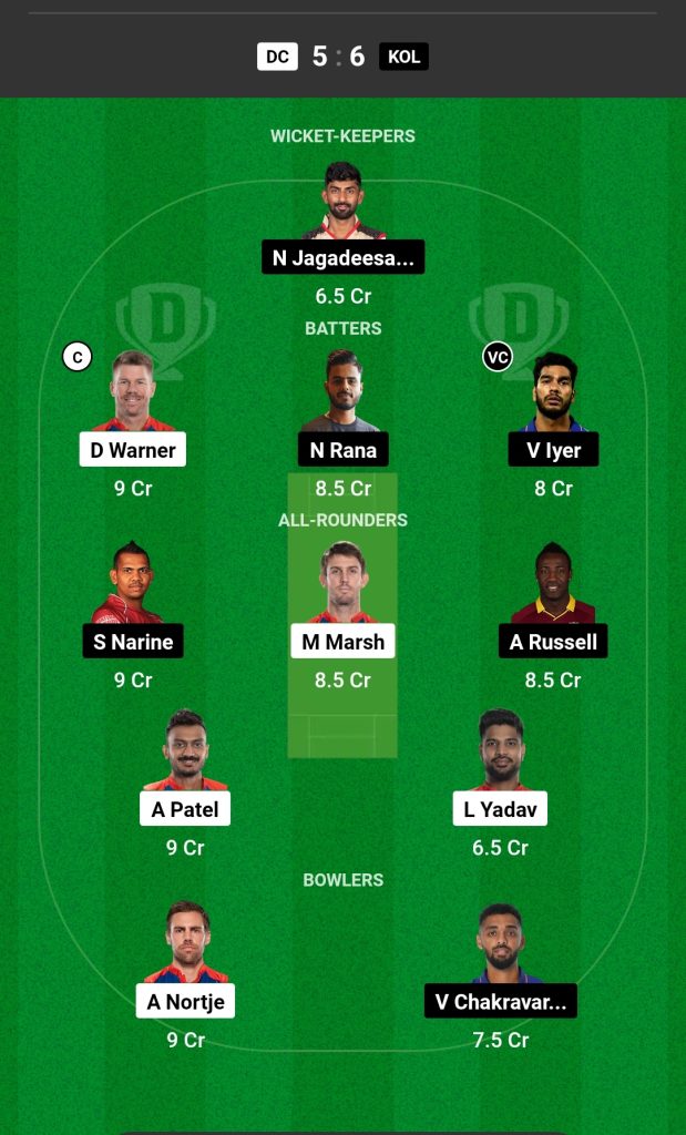 DC vs KKR Dream11 Team Today Match 

