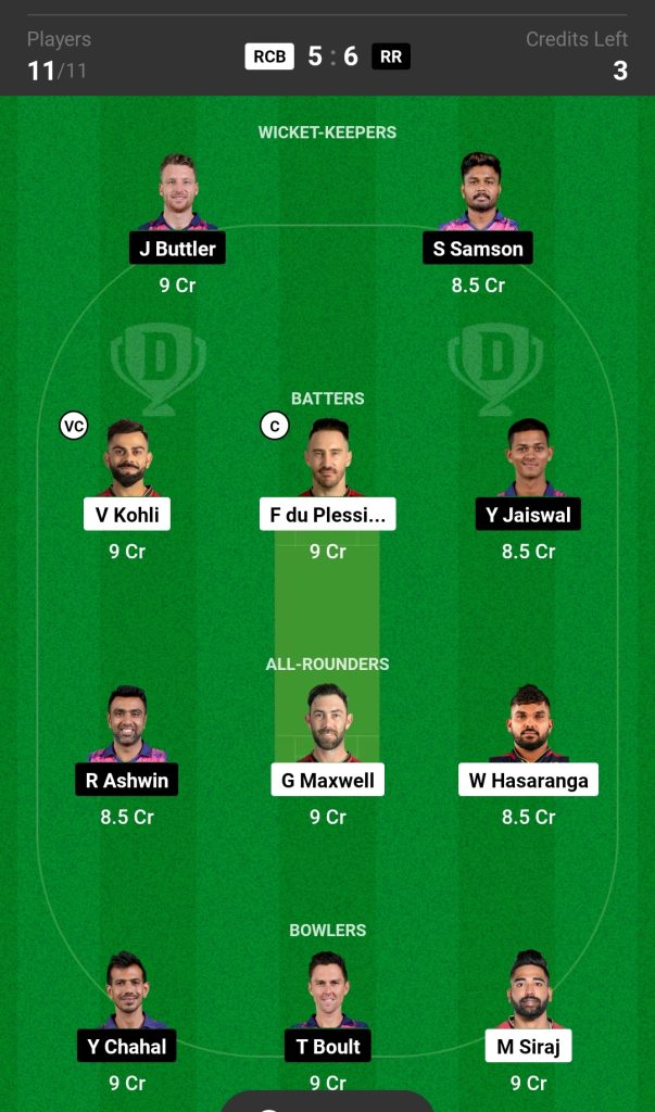 RCB vs RR Dream11 Team Today Match 