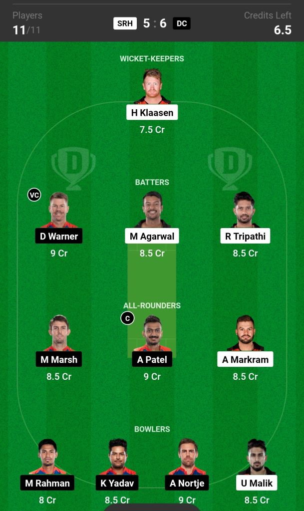 SRH vs DC Dream11 Prediction Today Match 