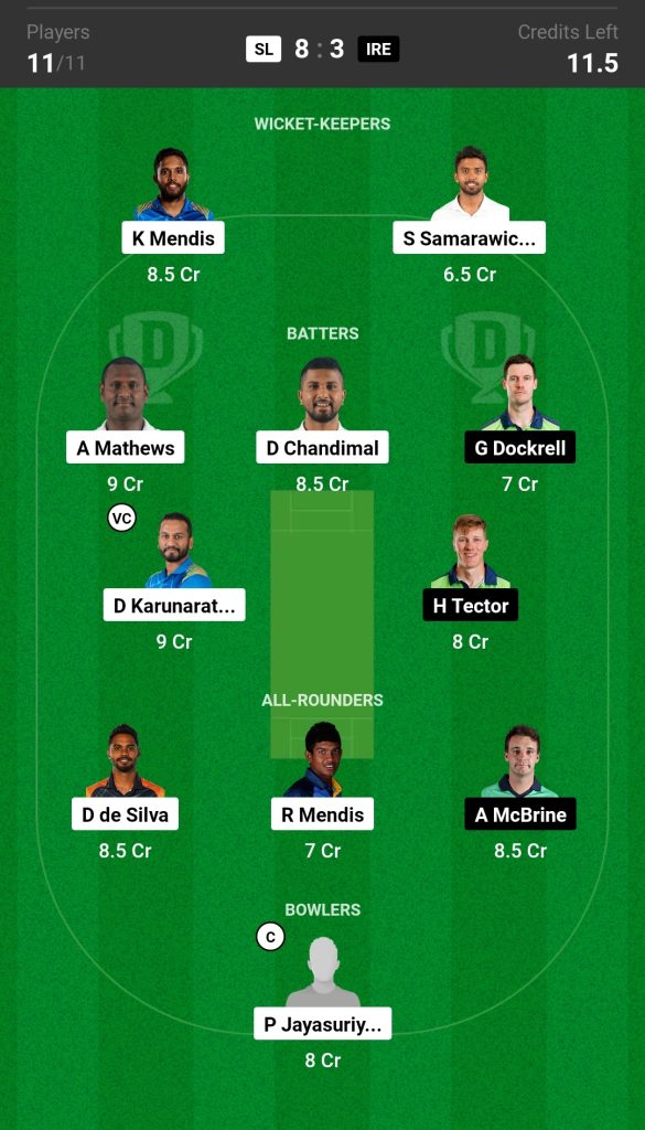 SL vs IRE Dream11 Prediction Team Today Match

