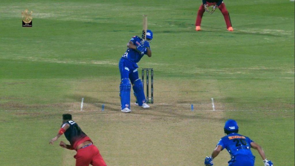 Tilak Varma smashed Harshal Patel with a Dhoni like helicopter shot over the long on boundary to take MIs score to 171 in 20 overs