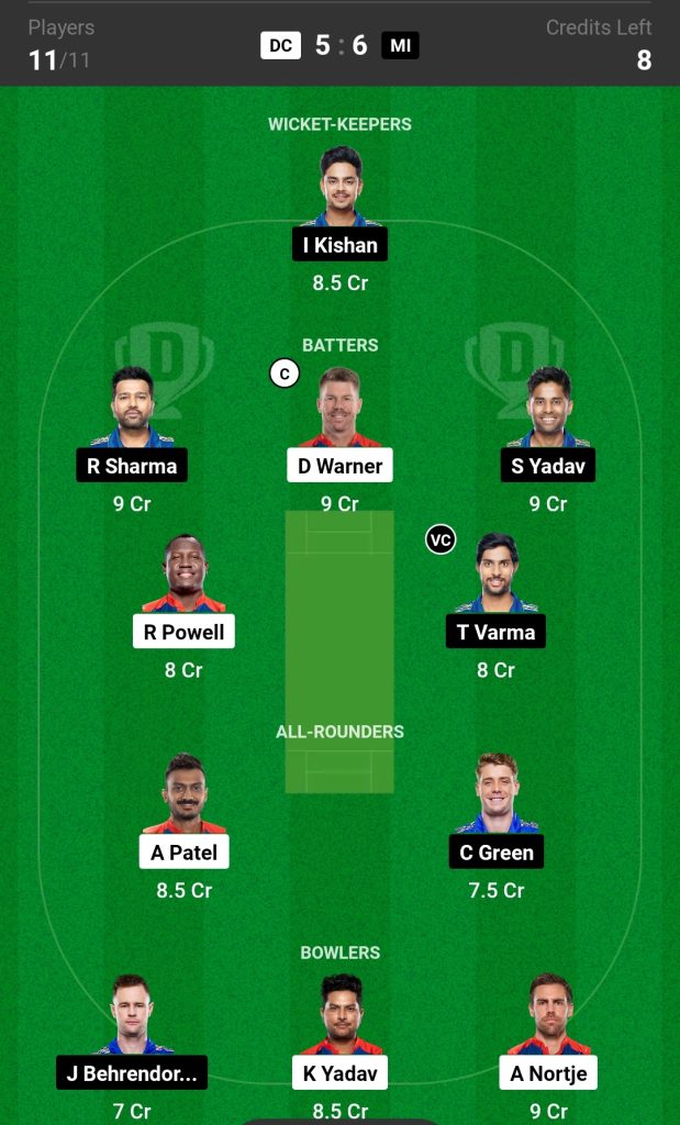 DC vs MI Dream11 Team Today Match 

