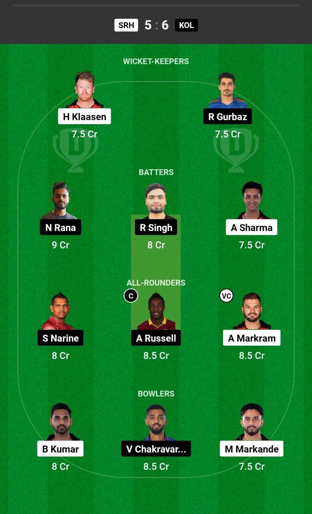 SRH vs KKR Dream11 Team Today Match 