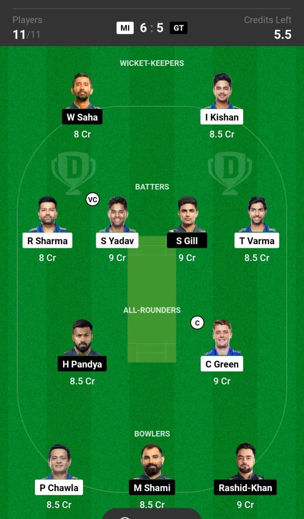 MI vs GT Dream11 Team Today Match 