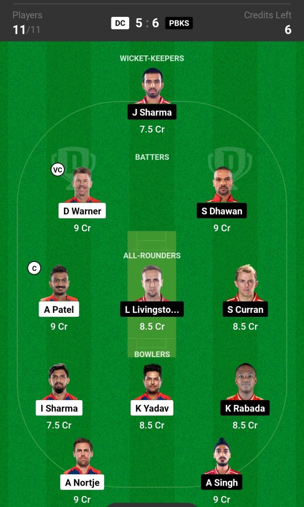 DC vs PBKS Dream11 Team Today Match 