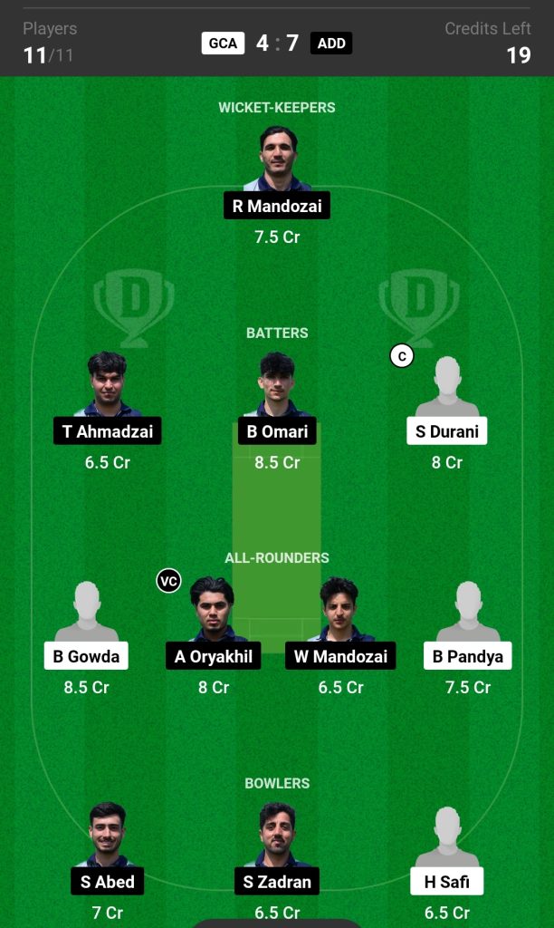 GCA vs ADD Dream11 Prediction Today's Match Team 2