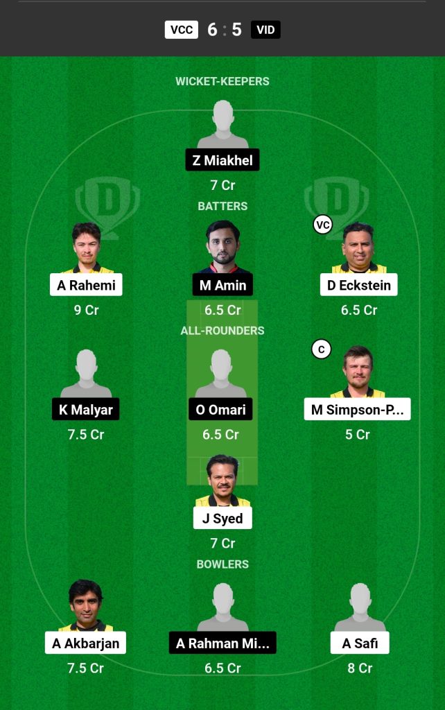 VCC vs VID Dream11 Prediction Today's Match Team 1