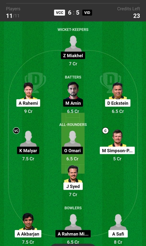 VCC vs VID Dream11 Prediction Today's Match Team 2