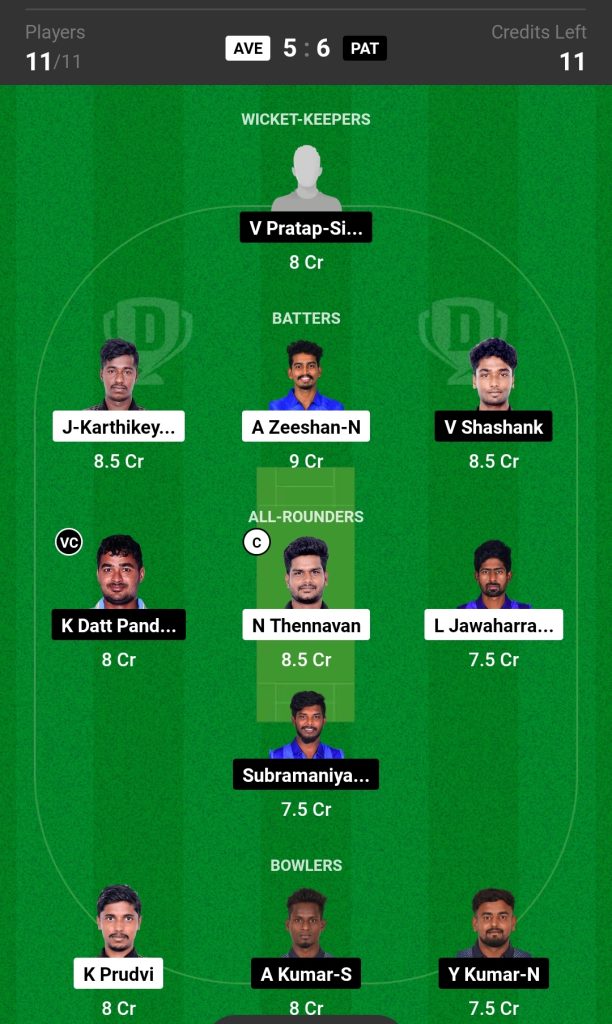 AVE vs PAT Dream11 Prediction Today's Match, Probable Playing XI, Pitch Report, Top Fantasy Picks, Weather Report, Predicted Winner for Today's Match, Siechem Pondicherry T10