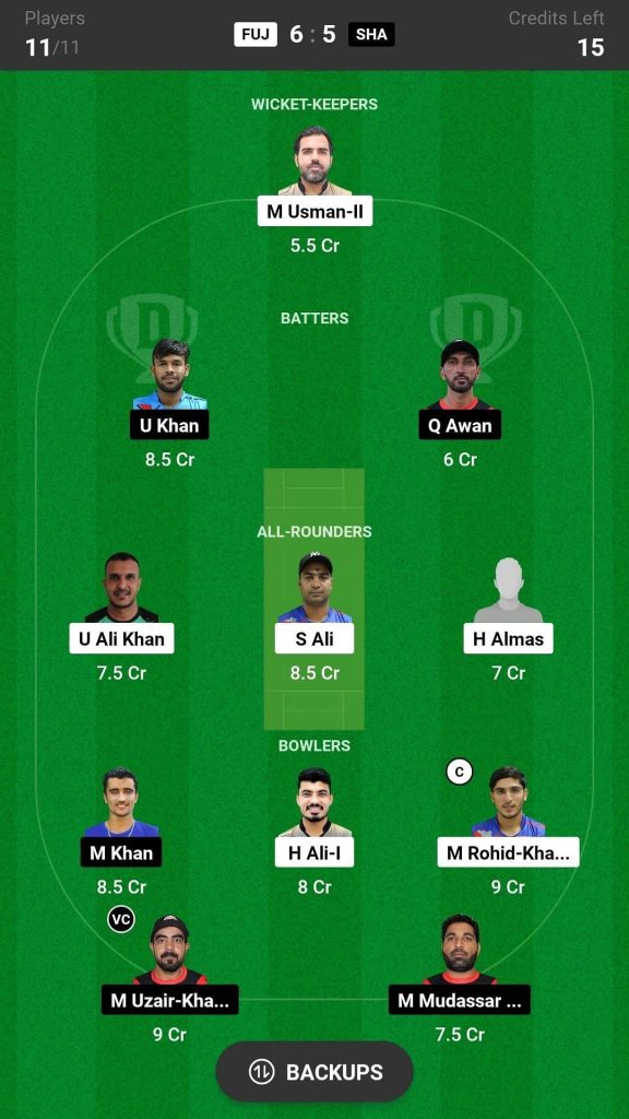 FUJ vs SHA Dream11 Prediction Team Today Match