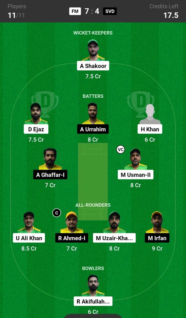 FM vs SVD Dream11 Prediction Today's Match Team 1