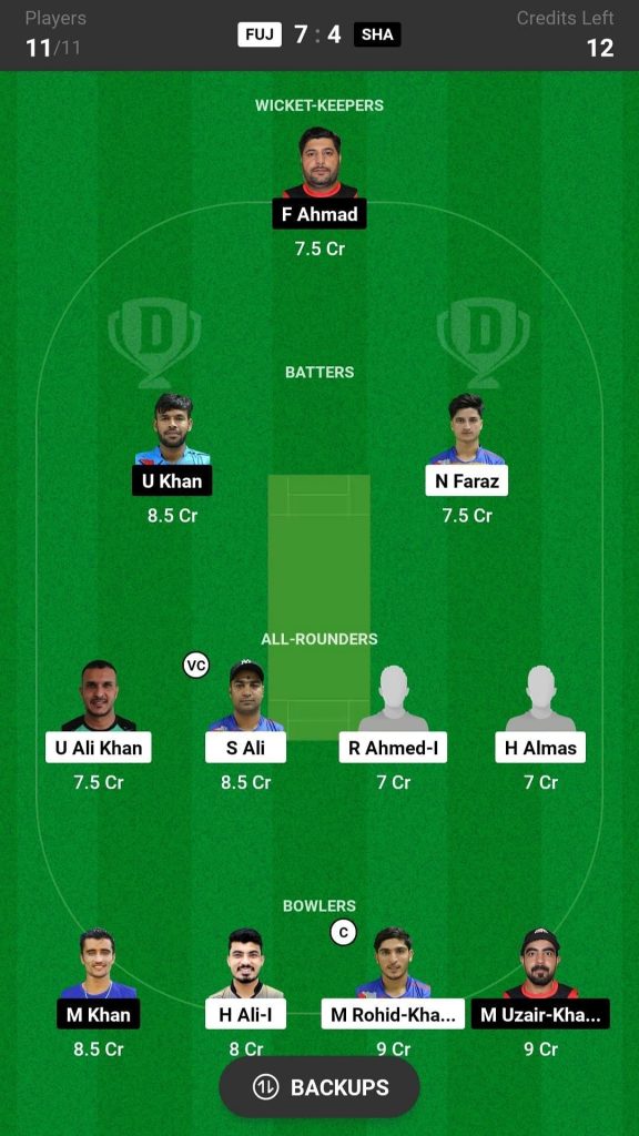 FUJ vs SHA Dream11 Prediction Team Today Match