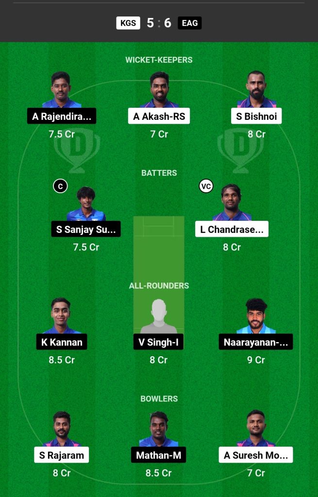 KGS vs EAG Prediction Today's Match, Probable Playing XI, Pitch Report, Top Fantasy Picks, Weather Report, Predicted Winner for Today's Match, Siechem Pondicherry T10