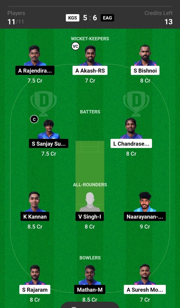 KGS vs EAG Prediction Today's Match, Probable Playing XI, Pitch Report, Top Fantasy Picks, Weather Report, Predicted Winner for Today's Match, Siechem Pondicherry T10