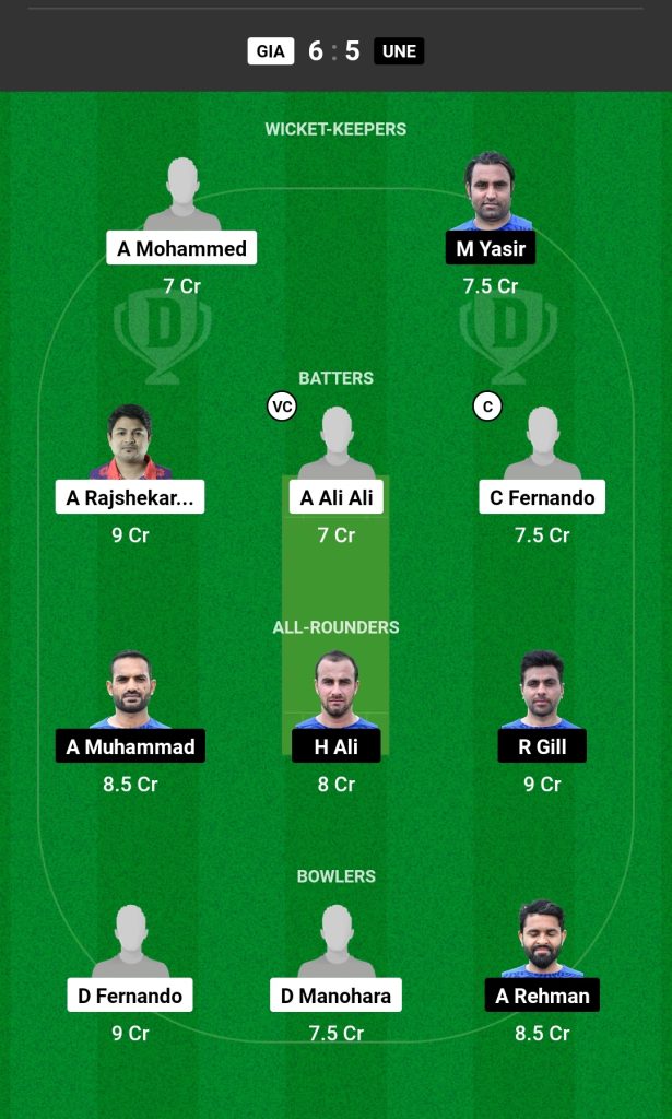 GIA vs UNE  Dream11 Prediction Today's Match Team 1

