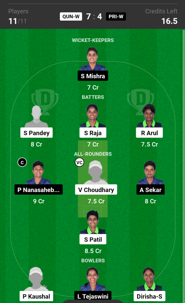 QUN-W vs PRI-W  Dream11 Prediction Today's Match Team 2