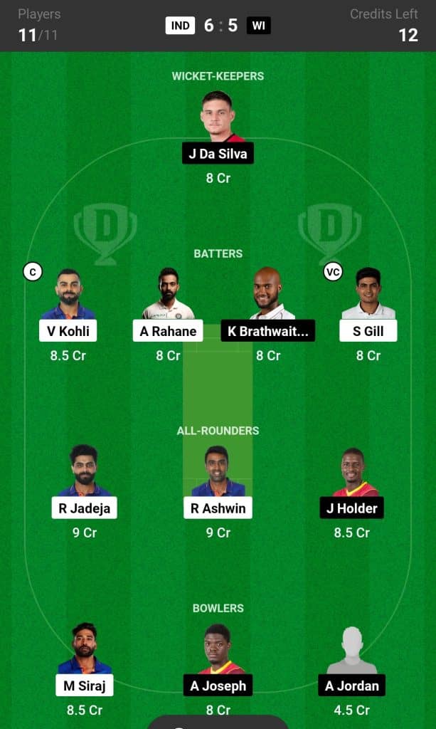 IND vs WI  Dream11 Team Today Match, Team 2