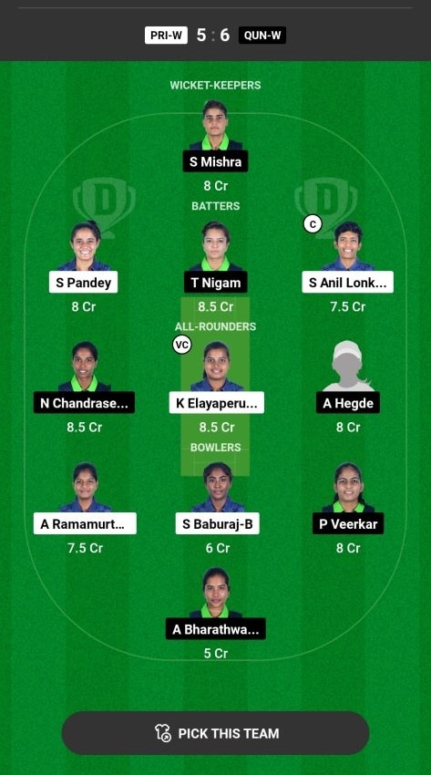 PRI-W vs QUN-W  Dream11 Prediction Today's Match Team 1