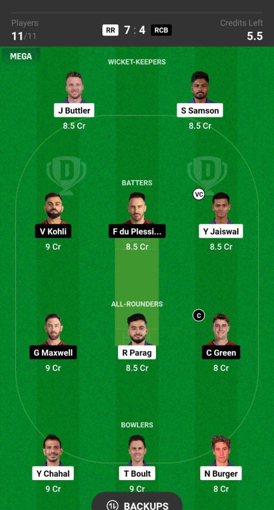 RR vs RCB Dream11 Prediction Today Match Team 5