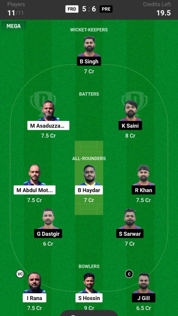 FRD vs PRE Dream11 Prediction Today Match Team 3