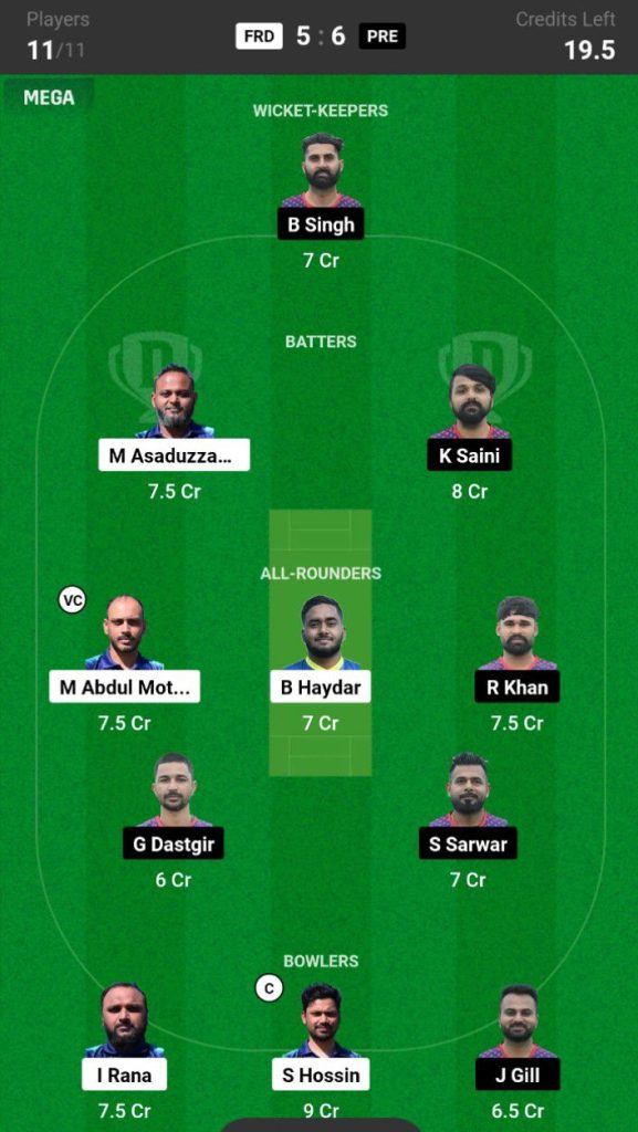 FRD vs PRE Dream11 Prediction Today Match Team 5